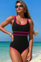 U-Neck Contrast Trim Stripe One-Piece Swimsuit – Classic & Flattering Fit
