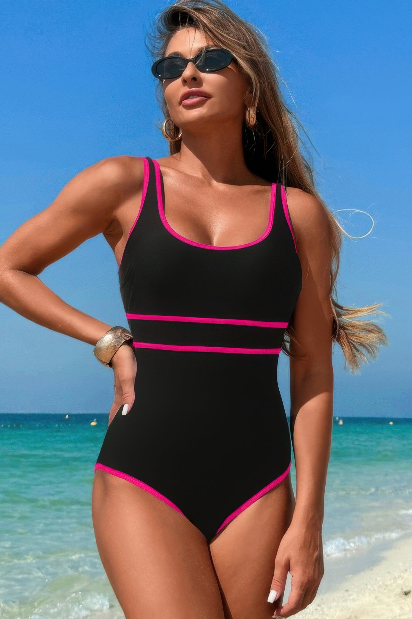 U-Neck Contrast Trim Stripe One-Piece Swimsuit – Classic & Flattering Fit