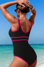 U-Neck Contrast Trim Stripe One-Piece Swimsuit – Classic & Flattering Fit