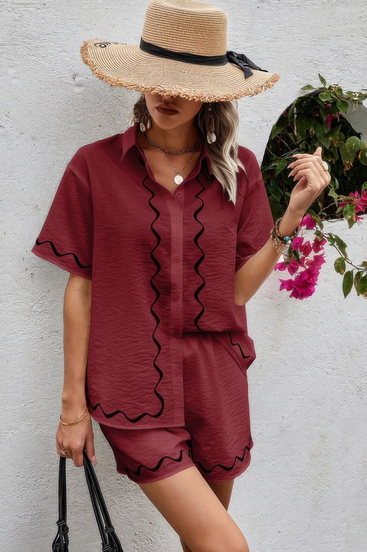 Two-Piece Button-Down Short Sleeve Outfit Set – Chic & Comfortable Look