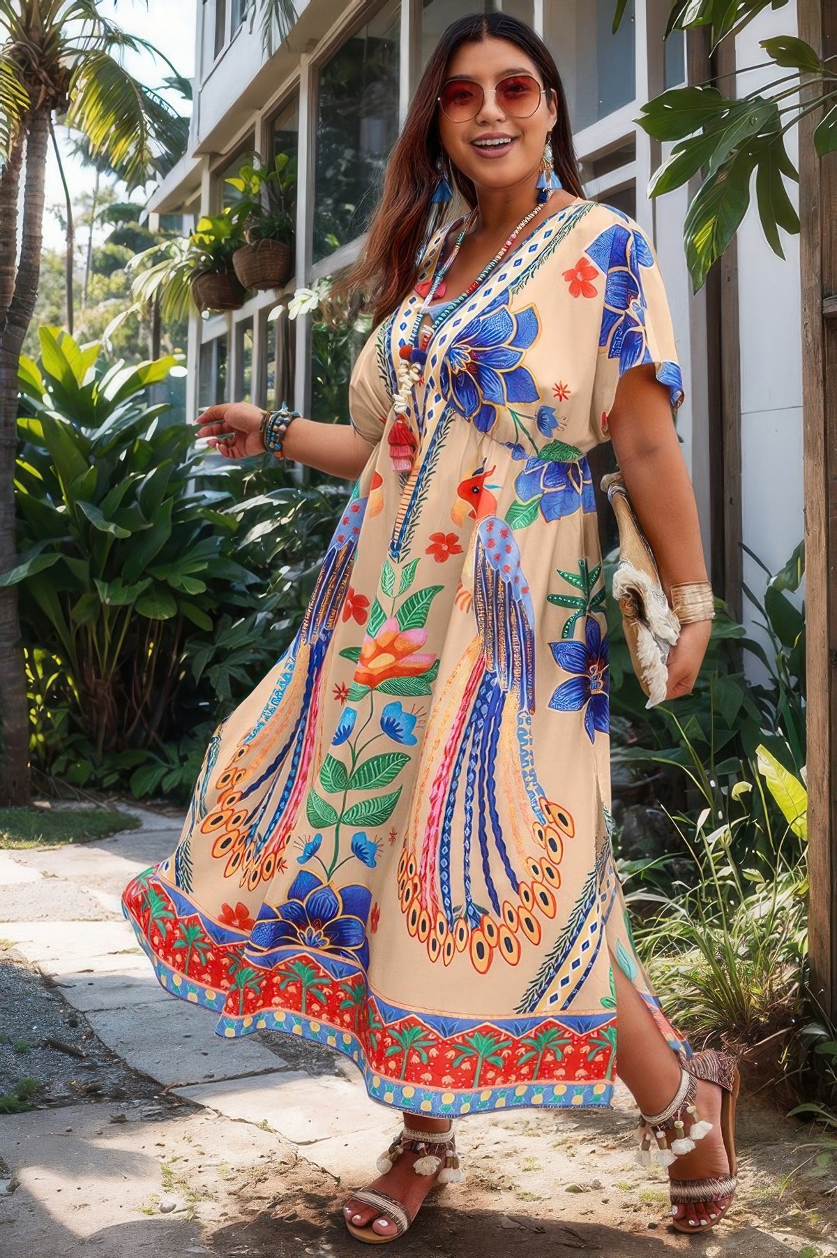 Plus Size Deep V-Neck Print High Waist Dress – Flattering Casual Style