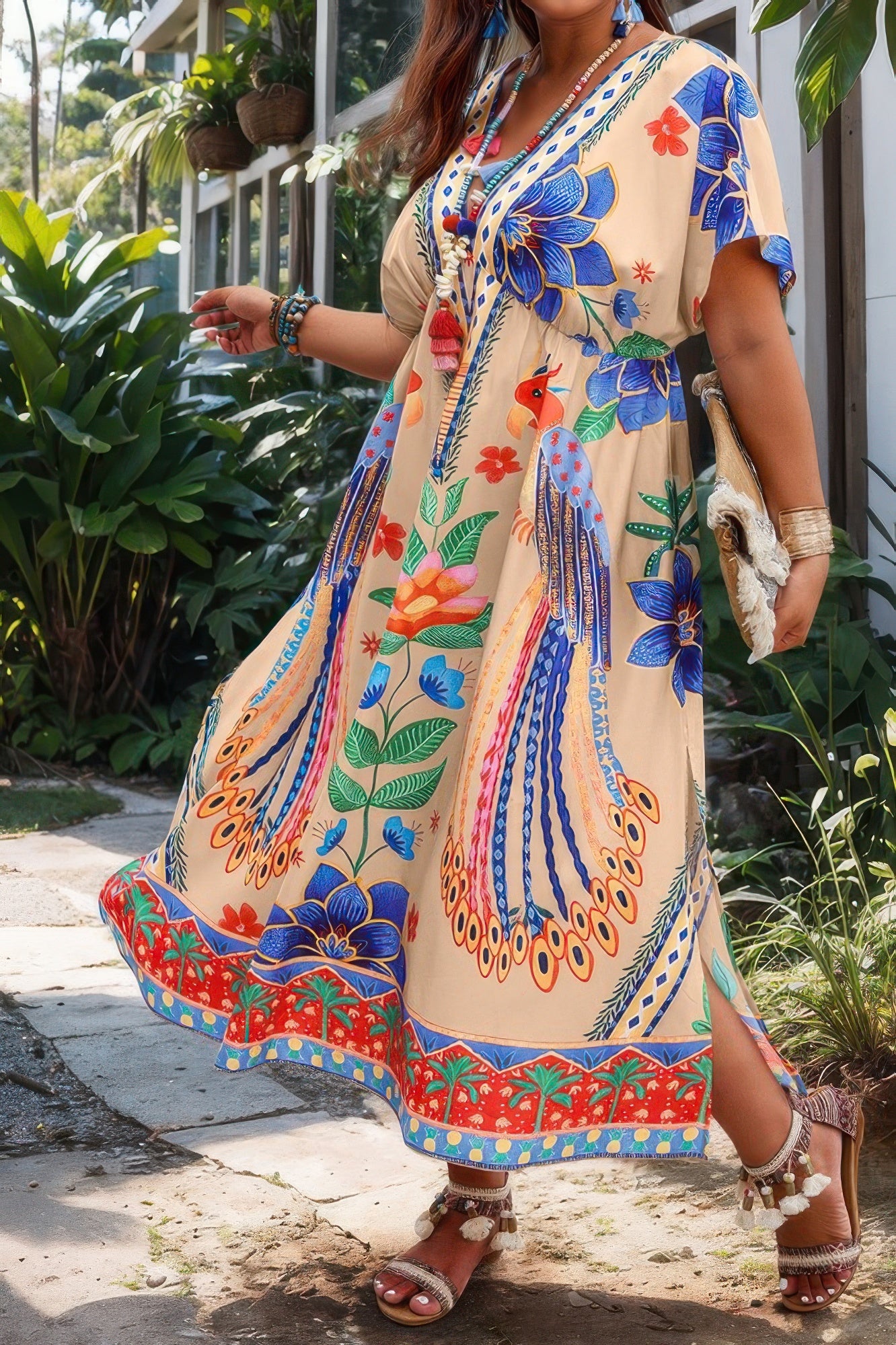 Plus Size Deep V-Neck Print High Waist Dress – Flattering Casual Style
