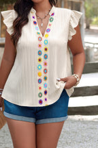 Plus Size Pleated Print V-Neck Ruffle Top – Feminine Casual Wear