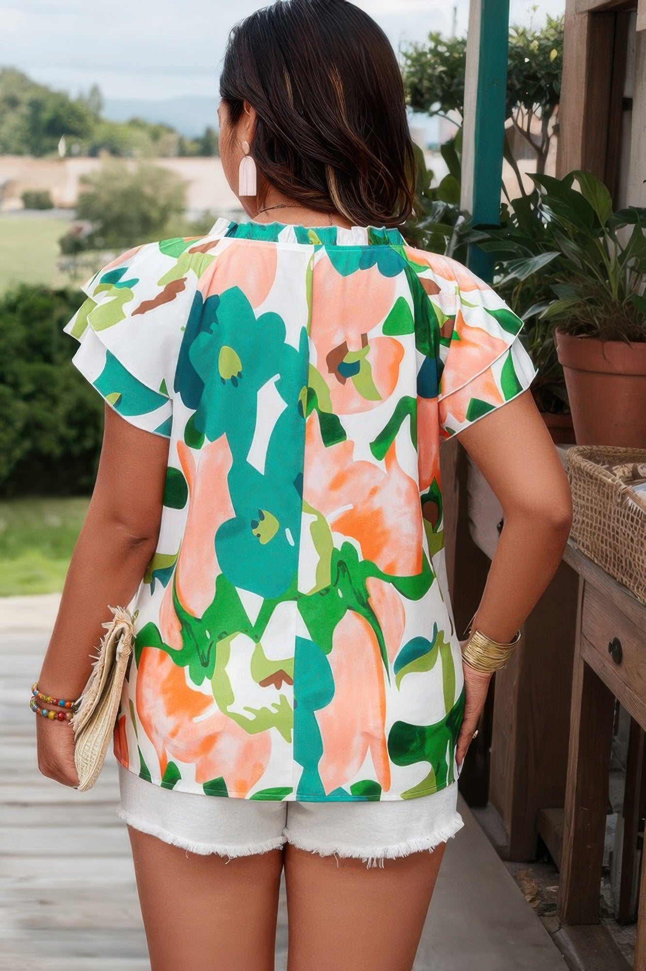 Plus Size Print Knot Neck Ruffle Top – Feminine Casual Style