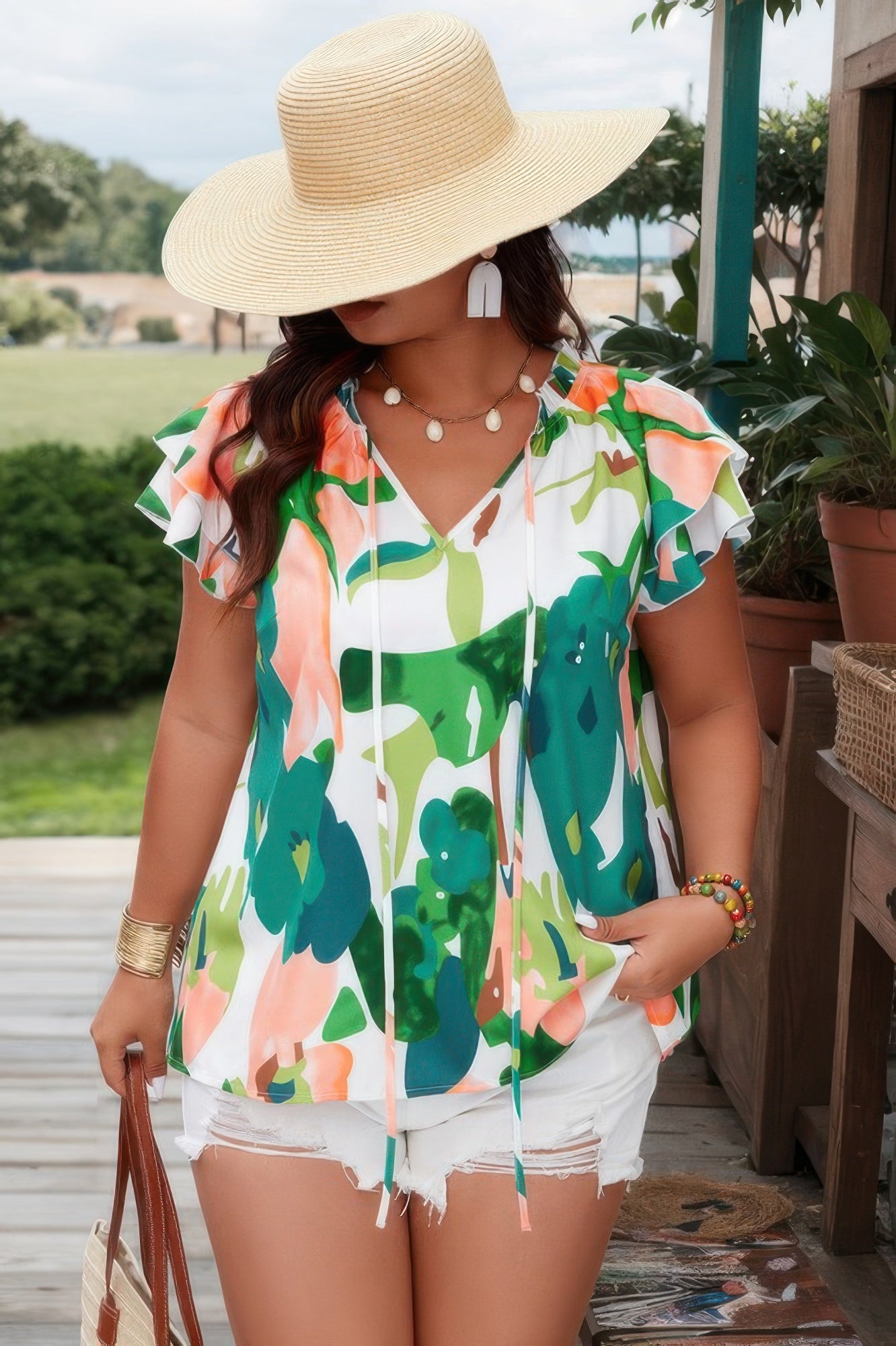Plus Size Print Knot Neck Ruffle Top – Feminine Casual Style
