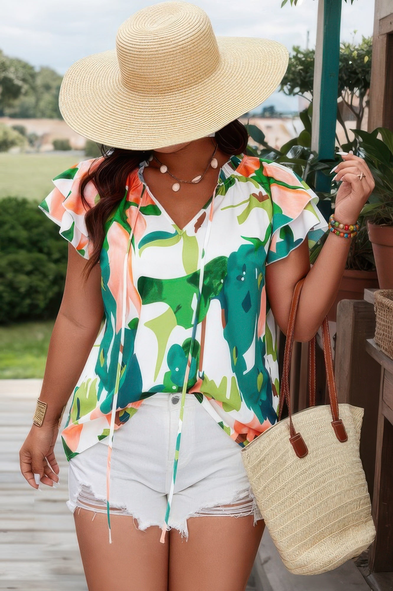Plus Size Print Knot Neck Ruffle Top – Feminine Casual Style