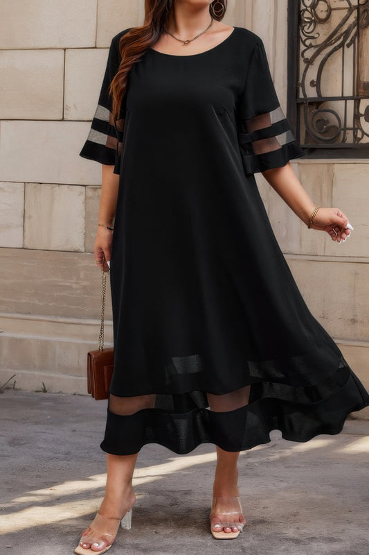 Plus Size Mesh Splicing Long Dress – Round Neck & Elegant Silhouette