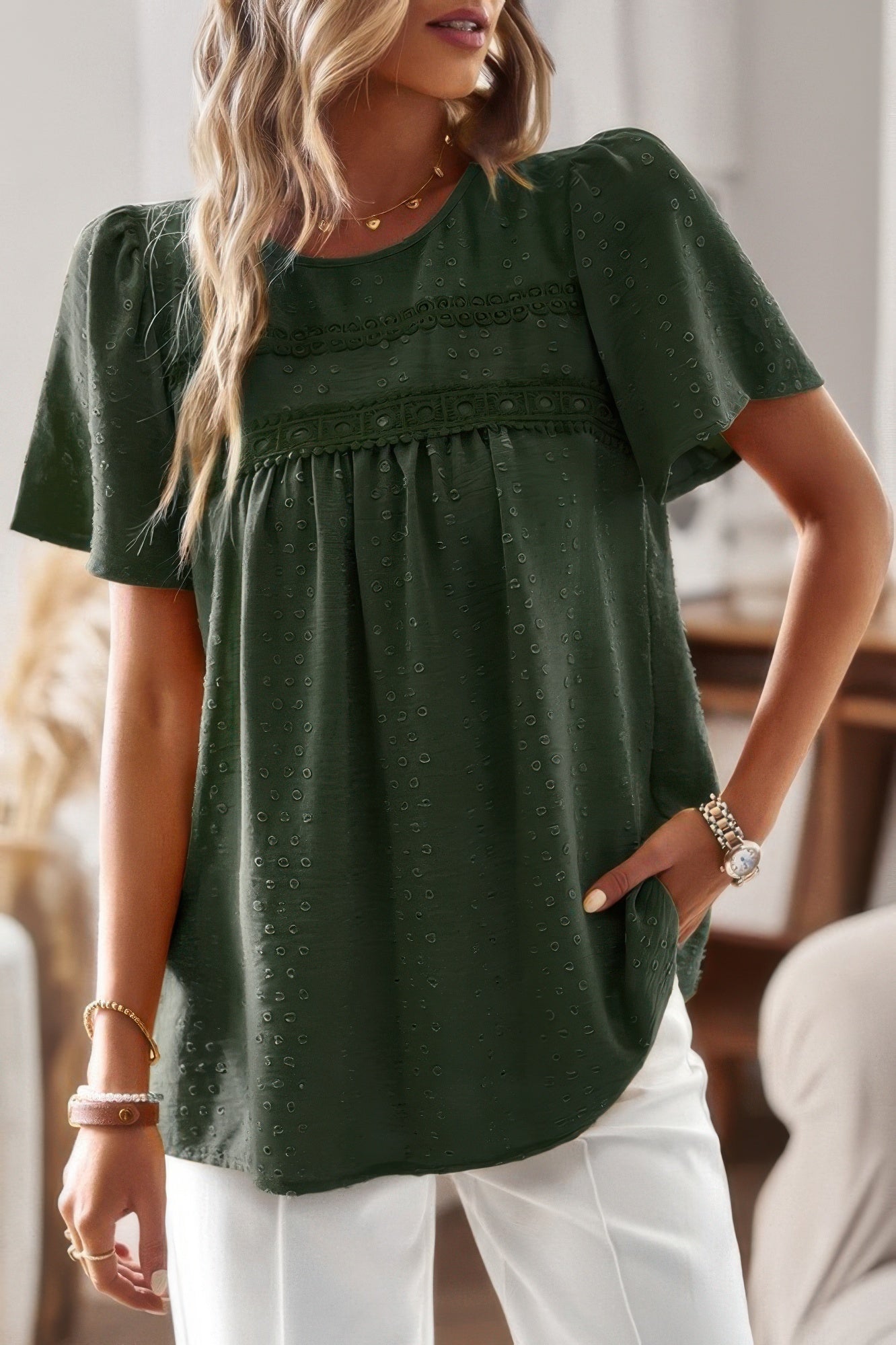 Plus Size Dot Cut Out Lace Trim Top – Feminine Loose Fit Blouse