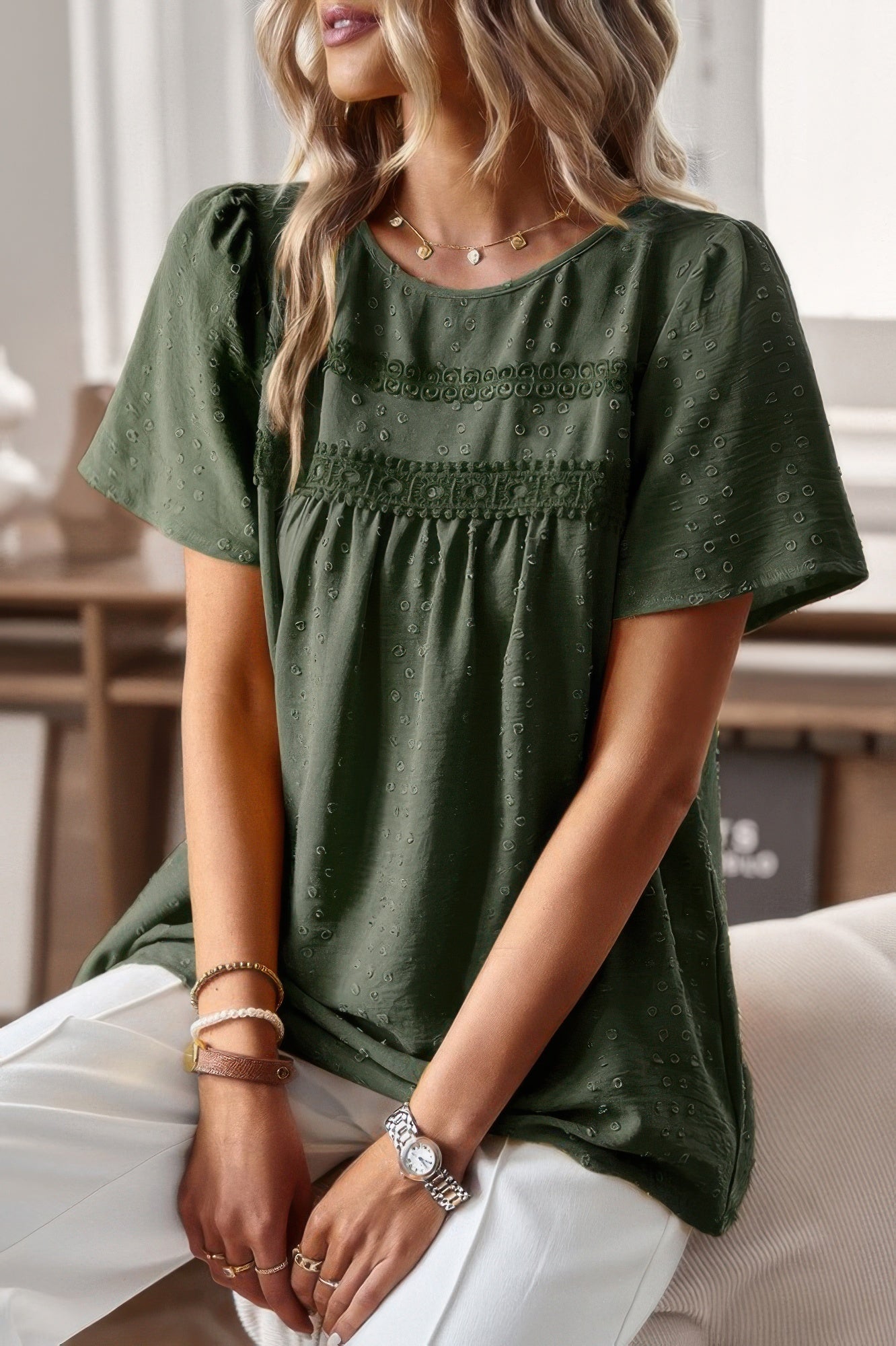 Plus Size Dot Cut Out Lace Trim Top – Feminine Loose Fit Blouse
