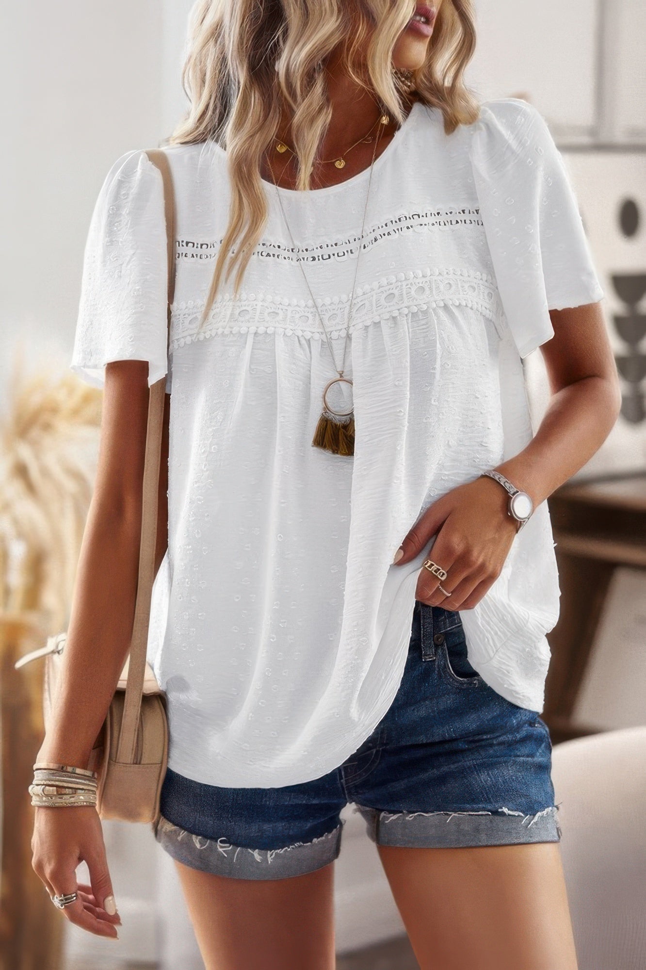 Plus Size Dot Cut Out Lace Trim Top – Feminine Loose Fit Blouse