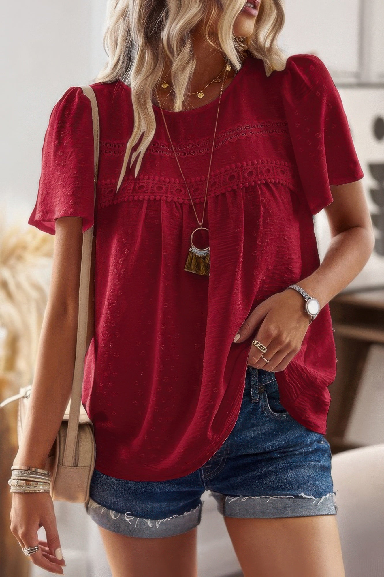 Plus Size Dot Cut Out Lace Trim Top – Feminine Loose Fit Blouse