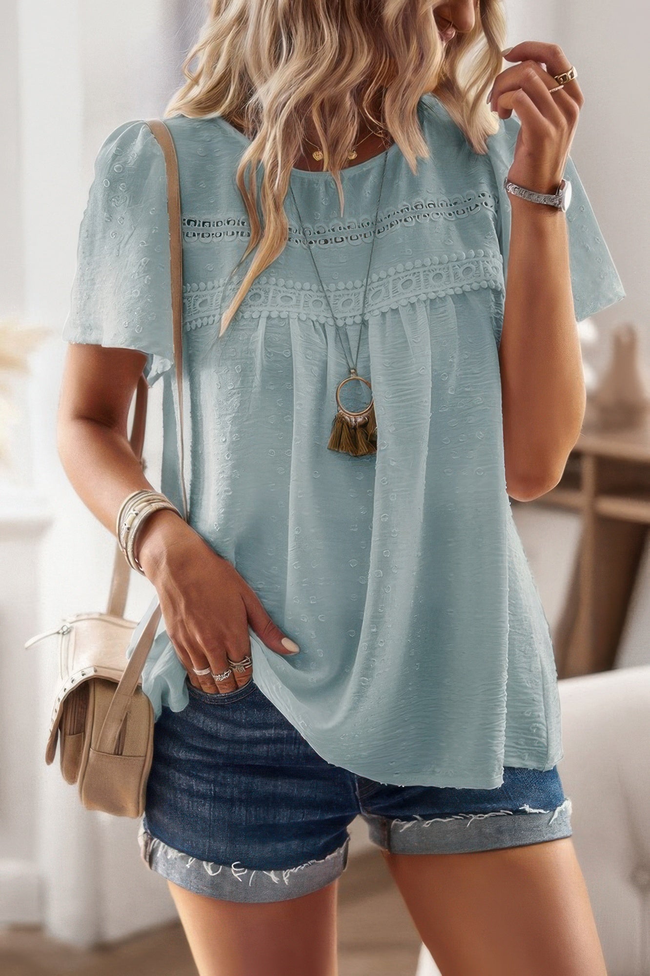 Plus Size Dot Cut Out Lace Trim Top – Feminine Loose Fit Blouse