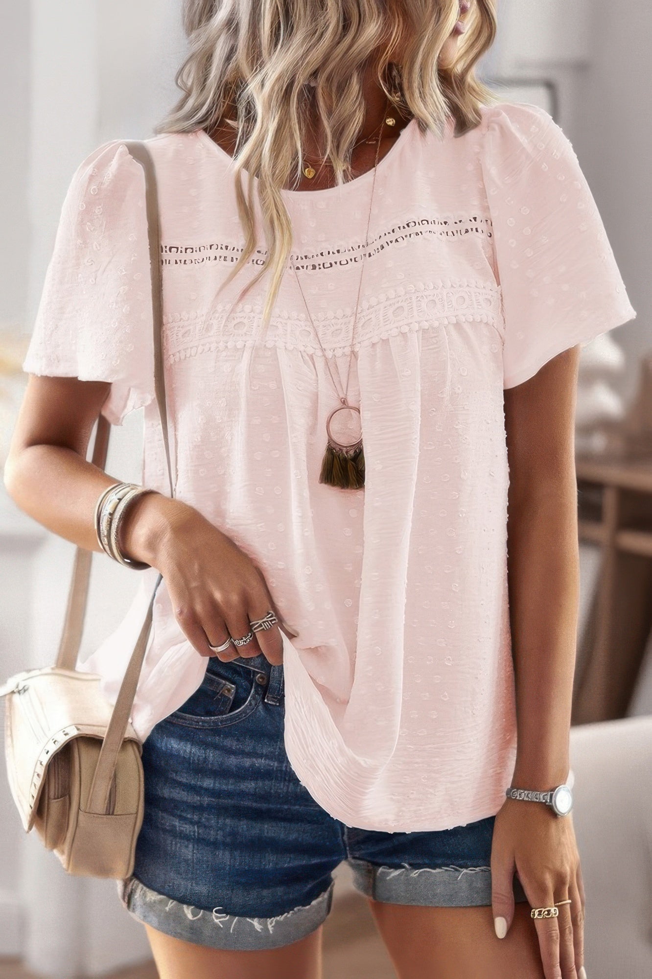Plus Size Dot Cut Out Lace Trim Top – Feminine Loose Fit Blouse