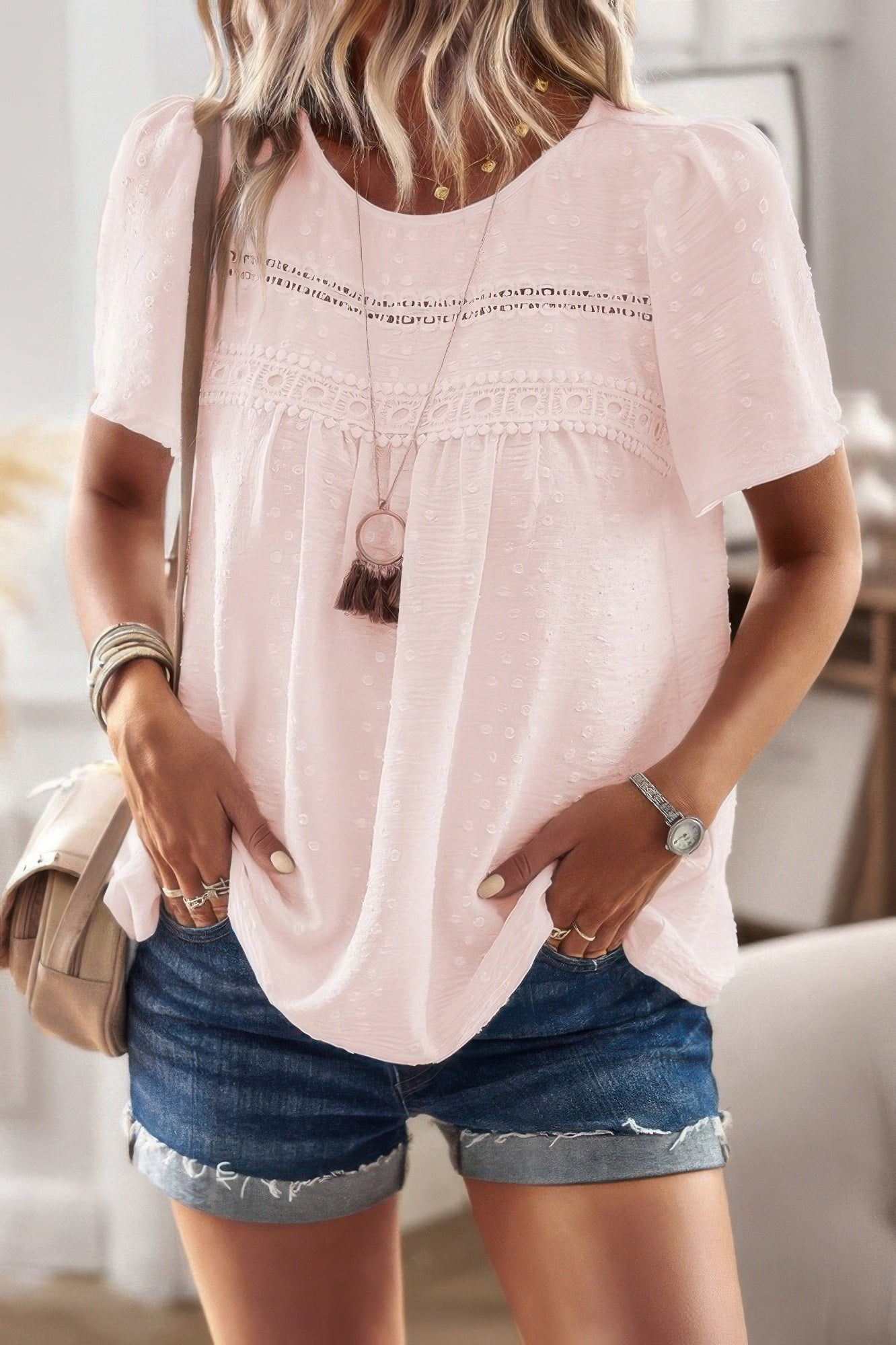 Plus Size Dot Cut Out Lace Trim Top – Feminine Loose Fit Blouse