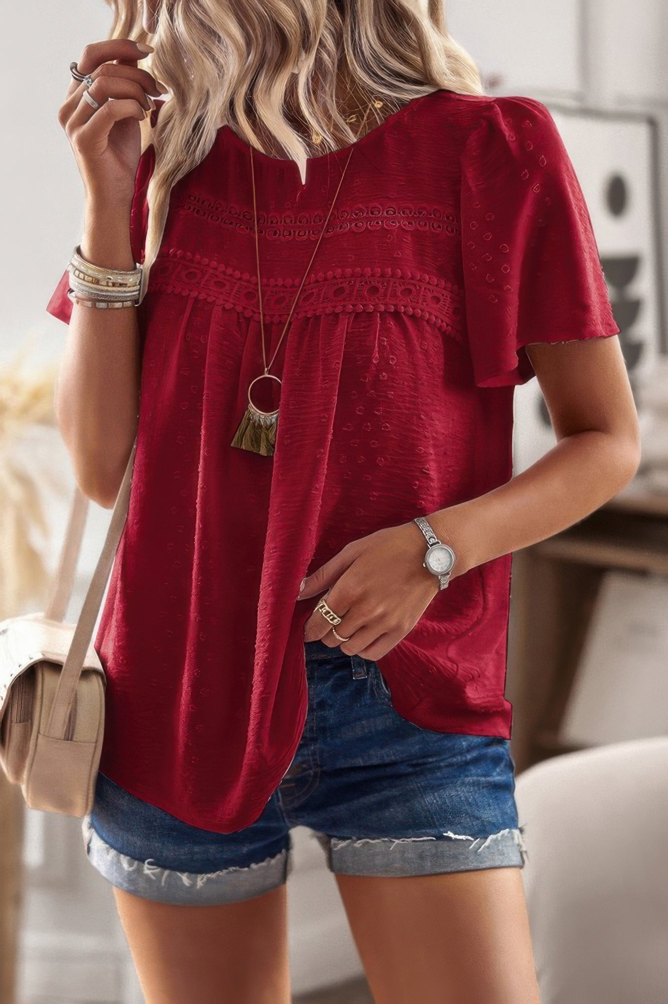 Plus Size Dot Cut Out Lace Trim Top – Feminine Loose Fit Blouse
