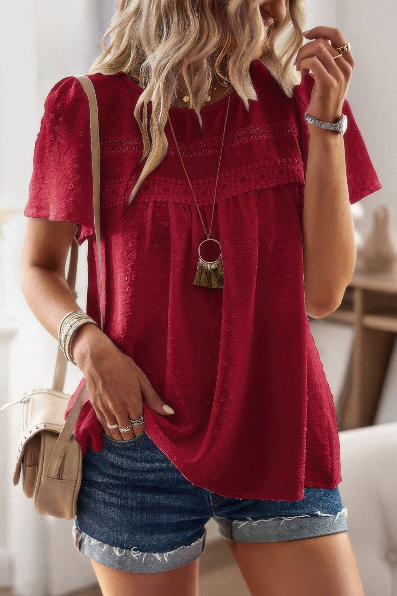 Plus Size Dot Cut Out Lace Trim Top – Feminine Loose Fit Blouse