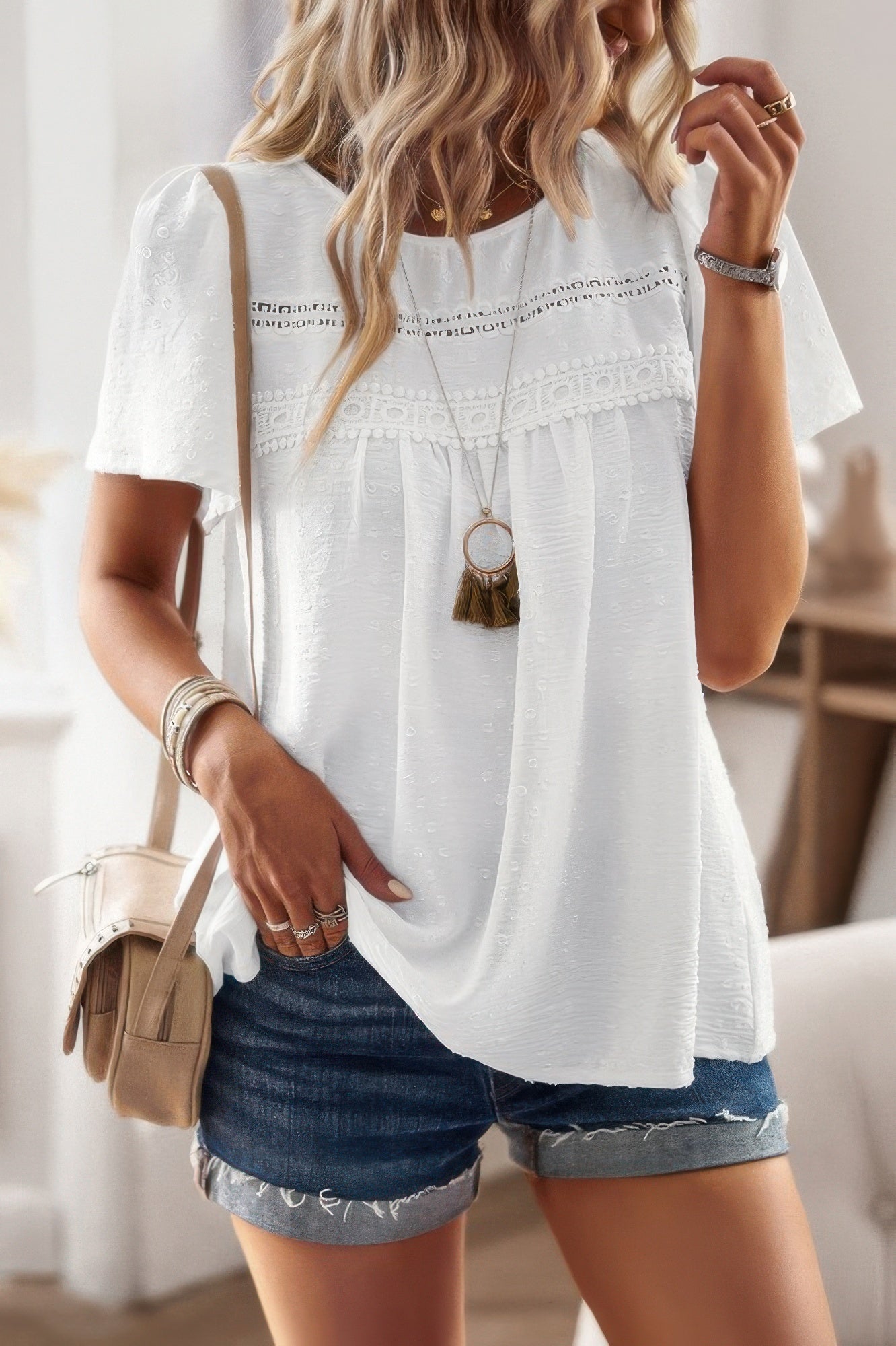 Plus Size Dot Cut Out Lace Trim Top – Feminine Loose Fit Blouse
