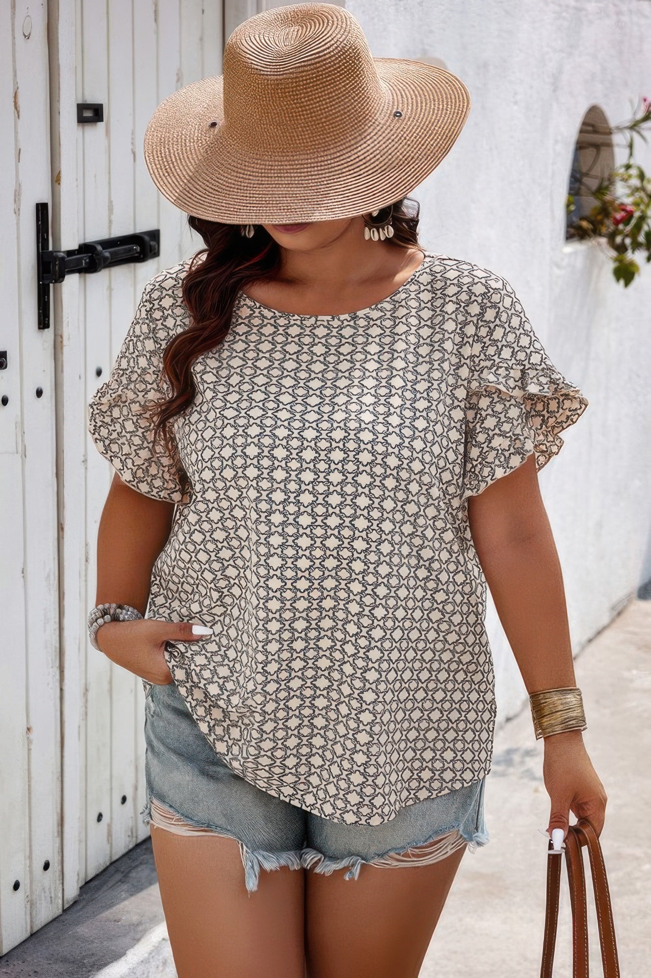 Round Neck Allover Print Ruffle Sleeve Top – Playful Loose Fit