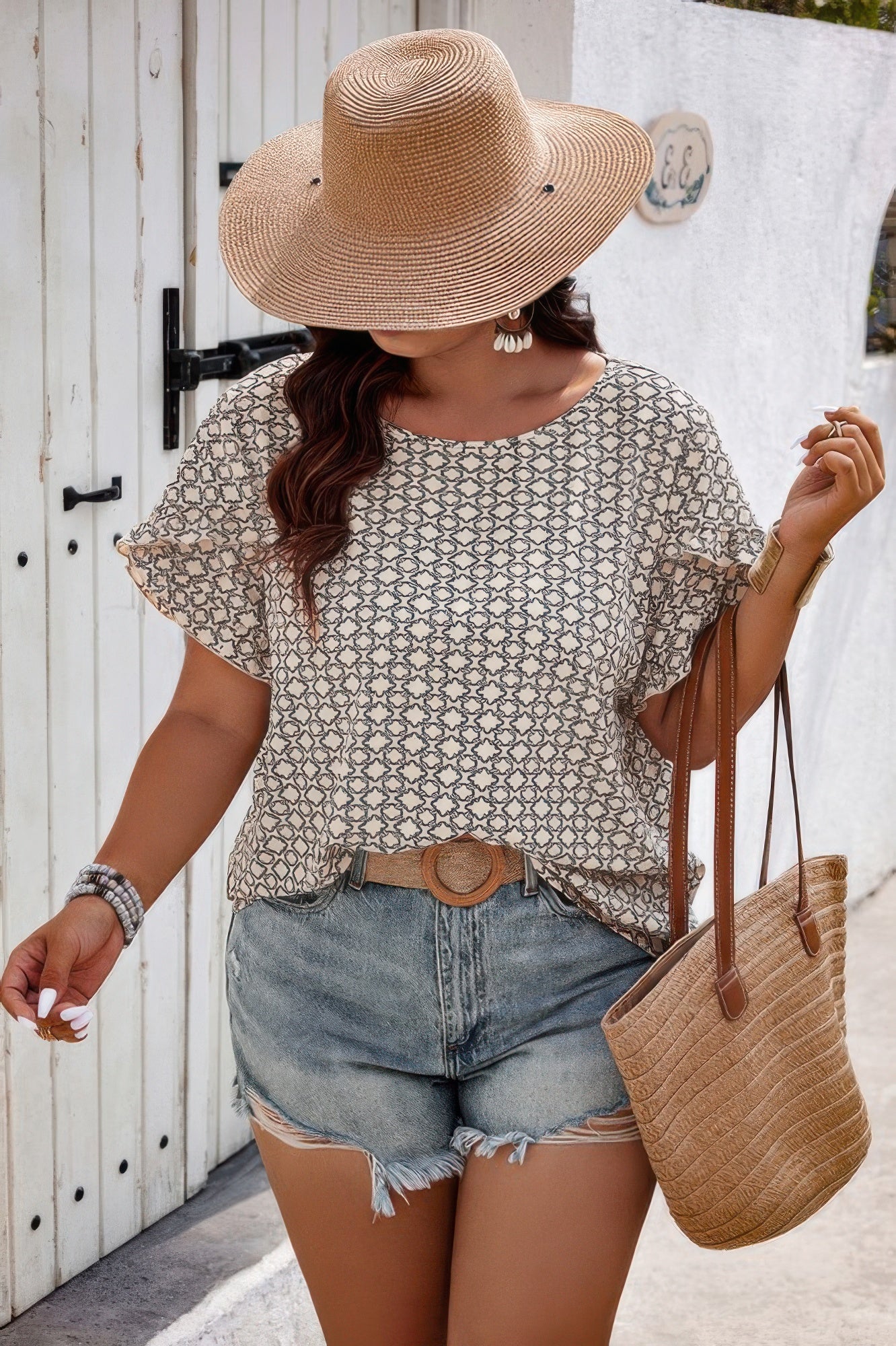Round Neck Allover Print Ruffle Sleeve Top – Playful Loose Fit