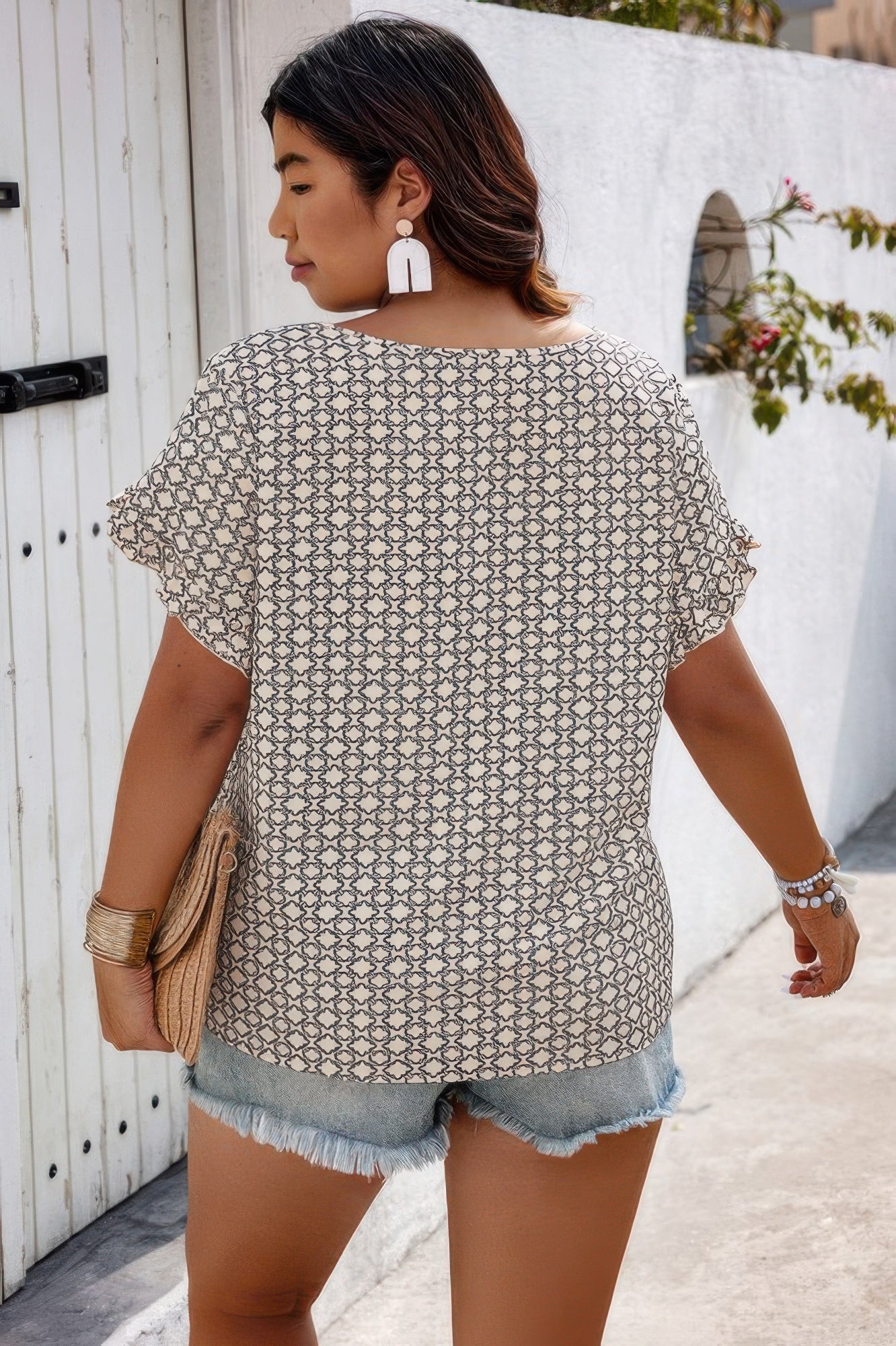 Round Neck Allover Print Ruffle Sleeve Top – Playful Loose Fit