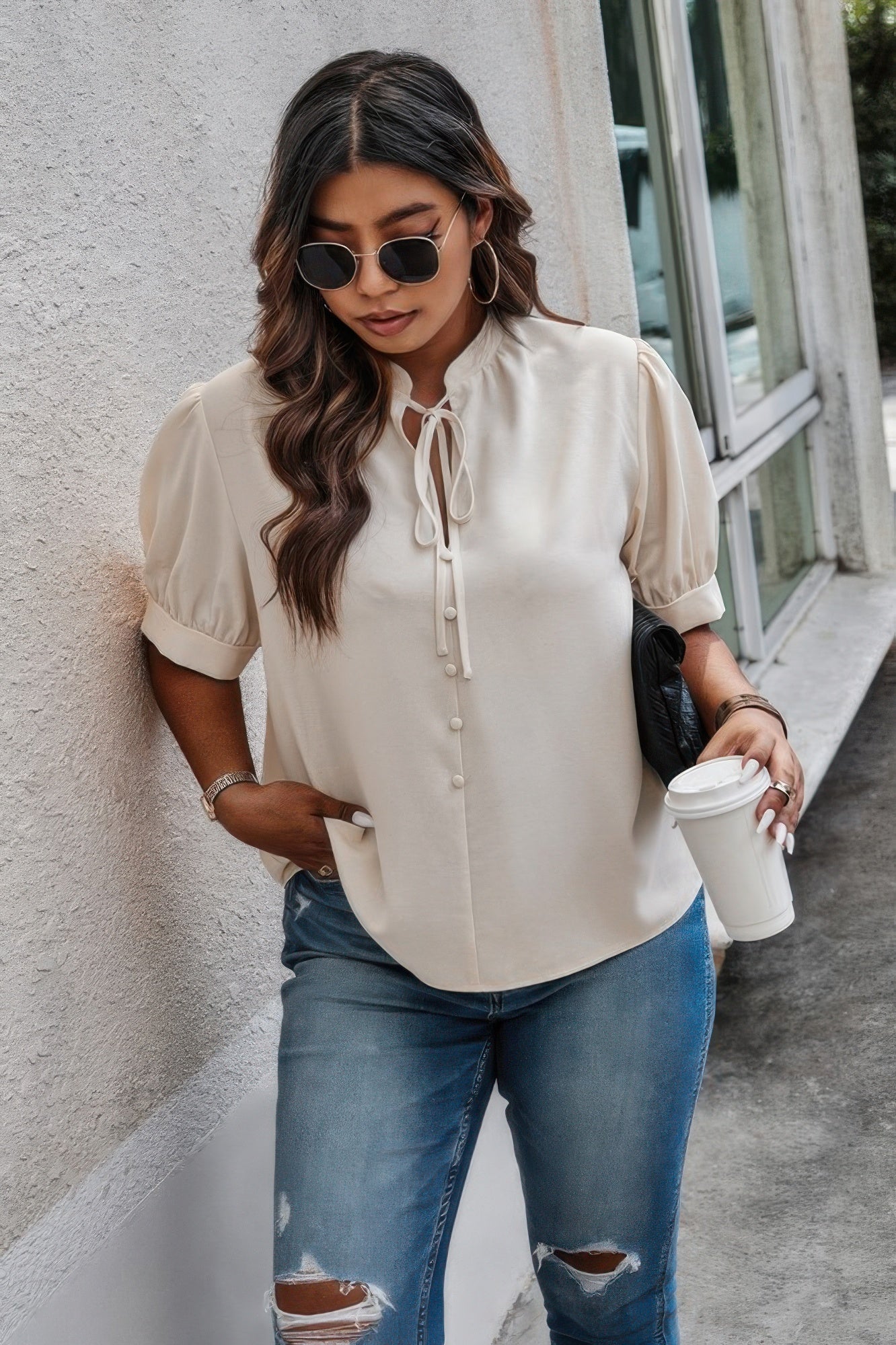 Plus Size Cross Neck Puff Sleeve Button Top – Chic Everyday Wear