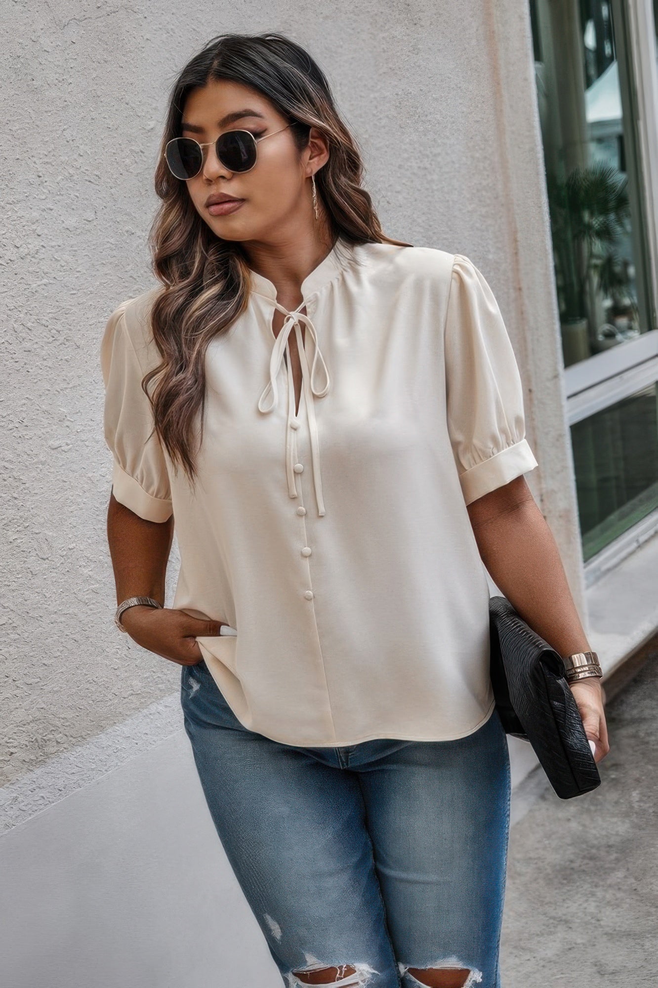 Plus Size Cross Neck Puff Sleeve Button Top – Chic Everyday Wear
