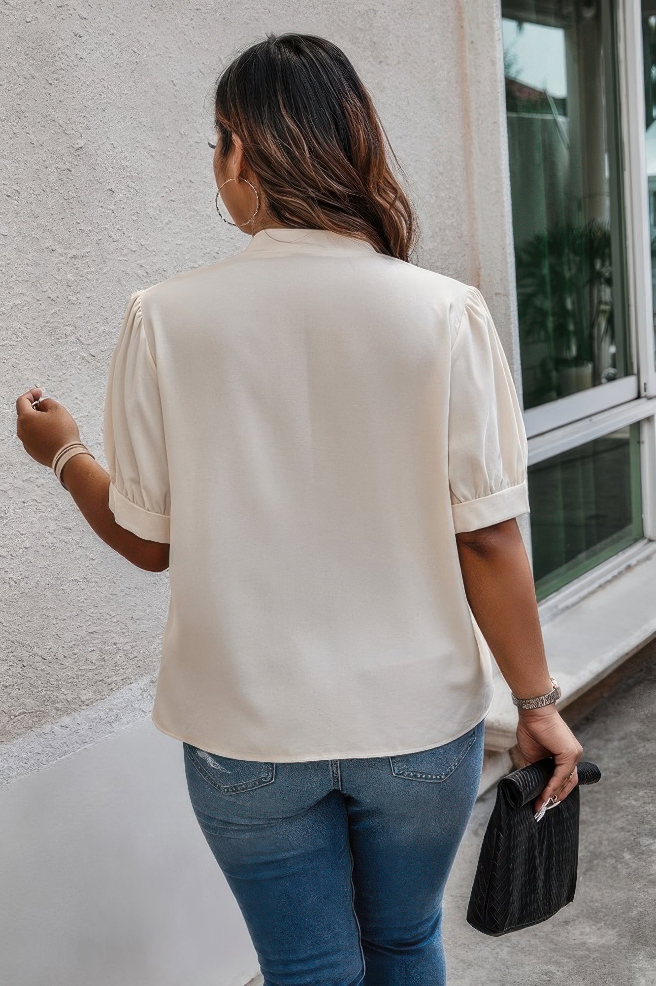 Plus Size Cross Neck Puff Sleeve Button Top – Chic Everyday Wear