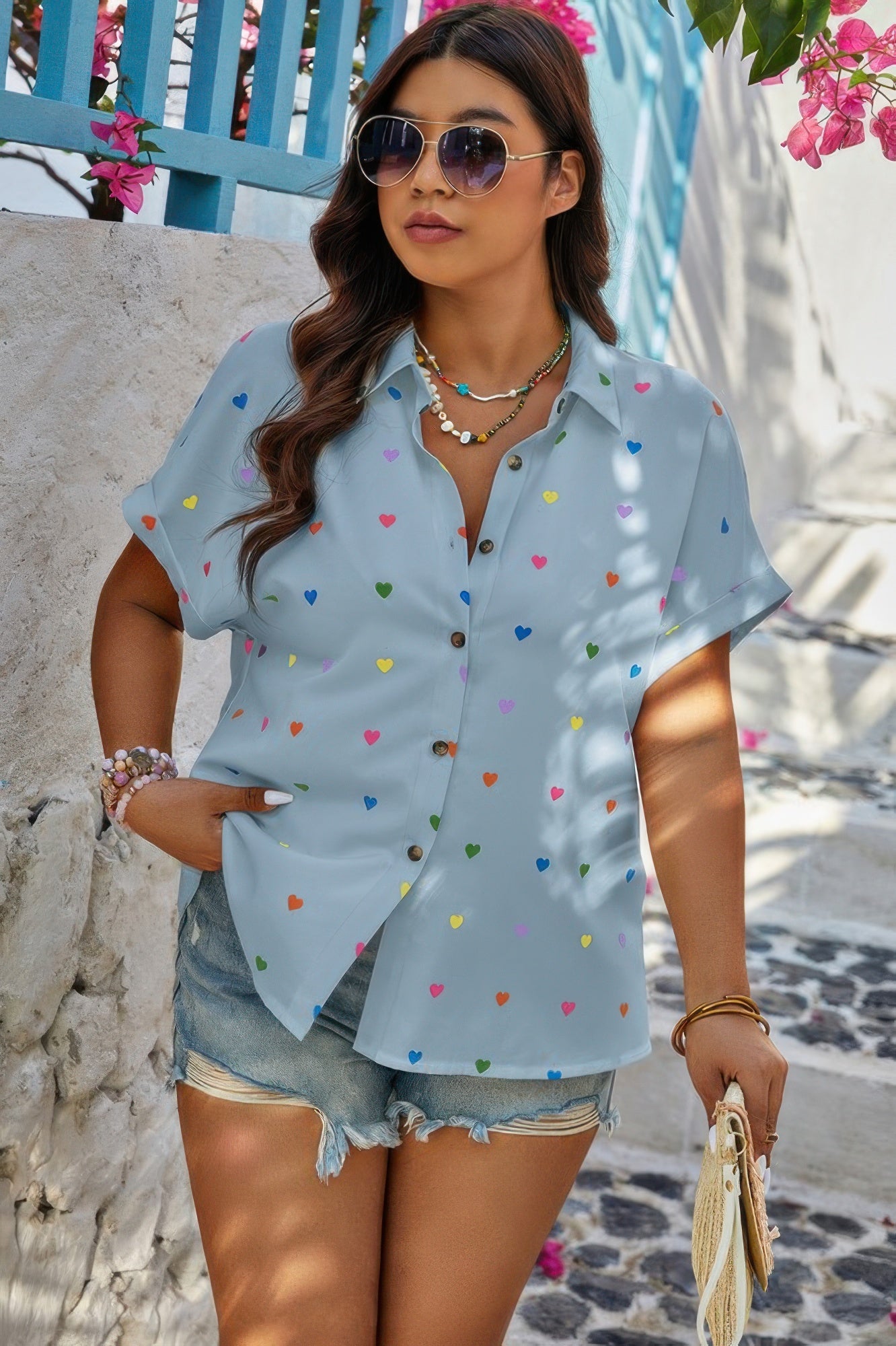 Plus Size Hearts Print Button Down Blouse – Playful Casual Top