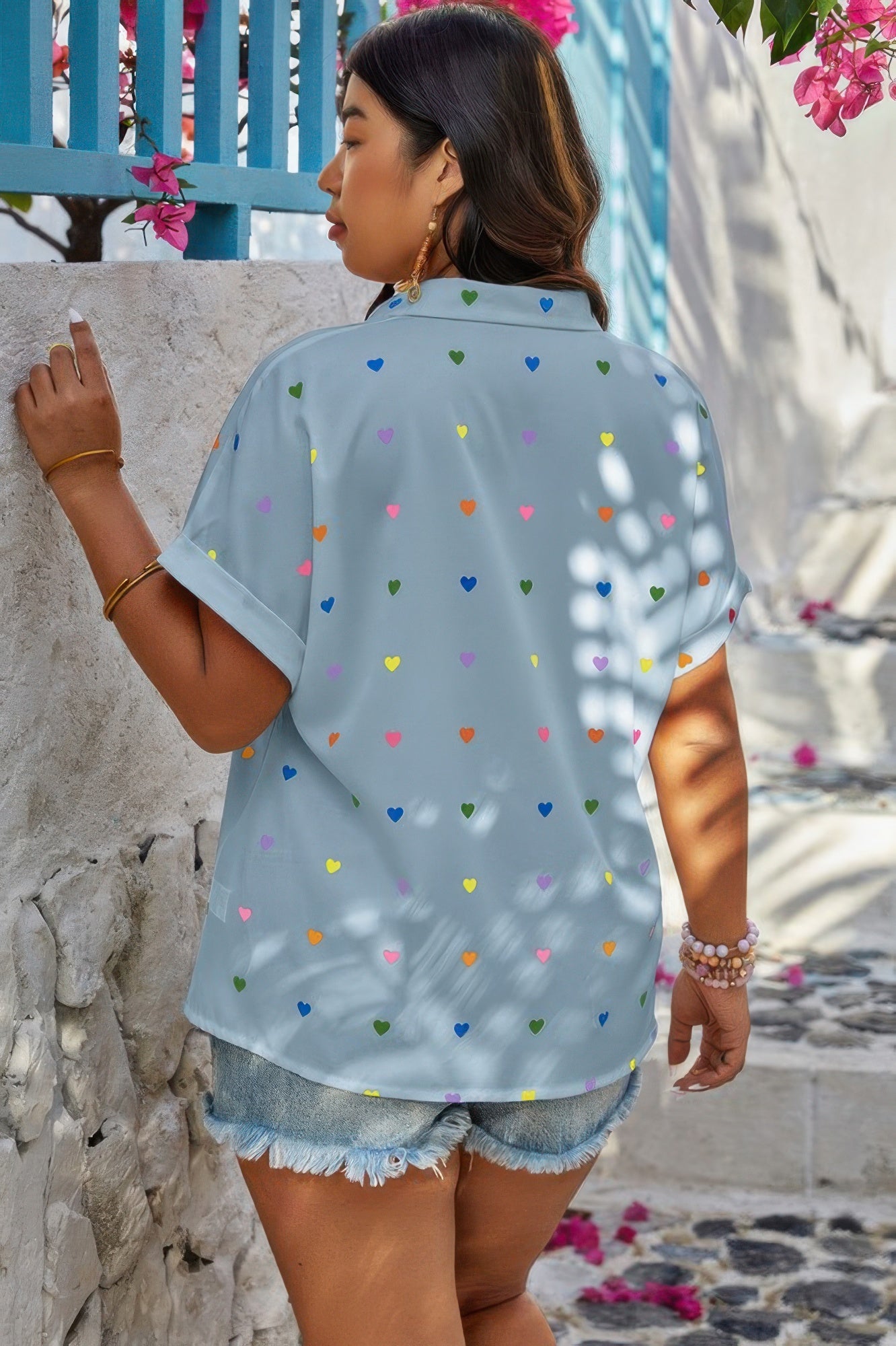 Plus Size Hearts Print Button Down Blouse – Playful Casual Top
