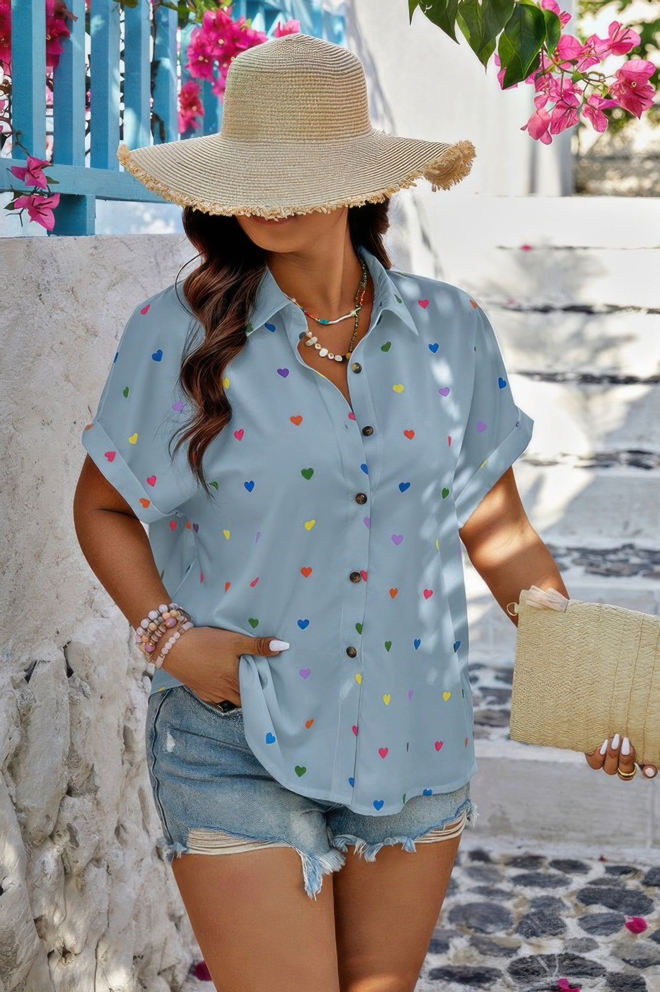 Plus Size Hearts Print Button Down Blouse – Playful Casual Top