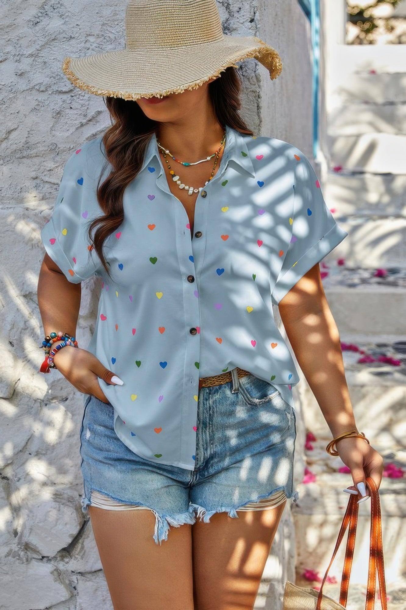 Plus Size Hearts Print Button Down Blouse – Playful Casual Top