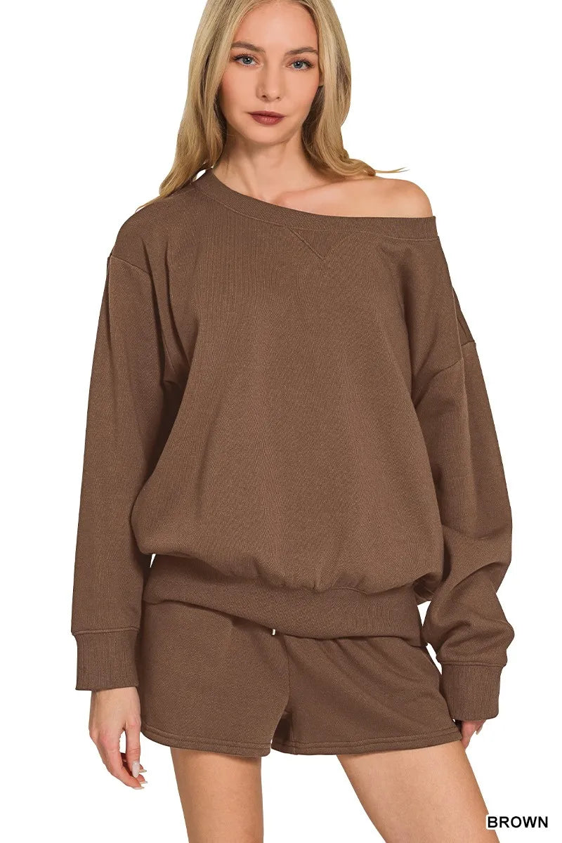 Brown Ribbed Knit Off-Shoulder Lounge Set – Cozy Chic Two-Piece