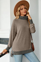 Gray mock neck long sleeve tee with slit hem and contrast hem band