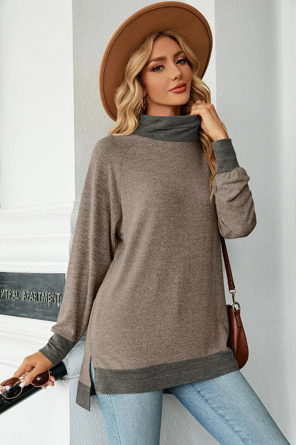 Gray mock neck long sleeve tee with slit hem and contrast hem band