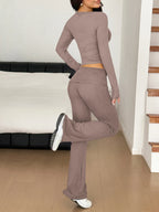 Long Sleeve Crop Top & Bootcut Pants Set – Trendy Two-Piece Outfit