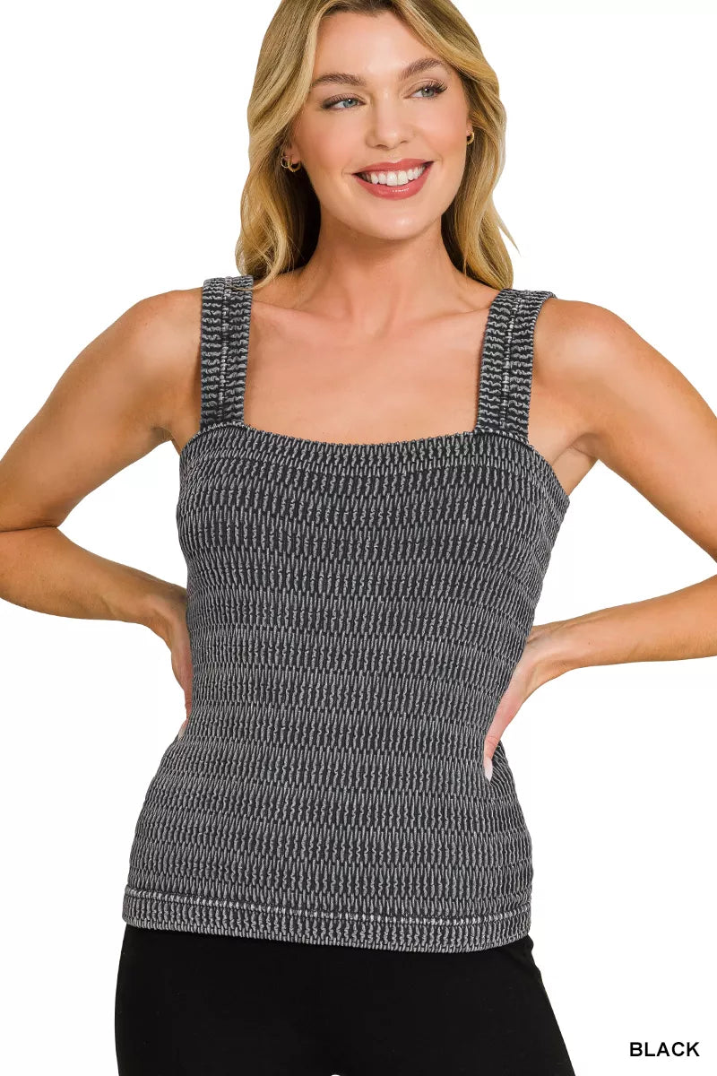 Ribbed square-neck seamless tank top with wide straps, sleeveless fitted knit