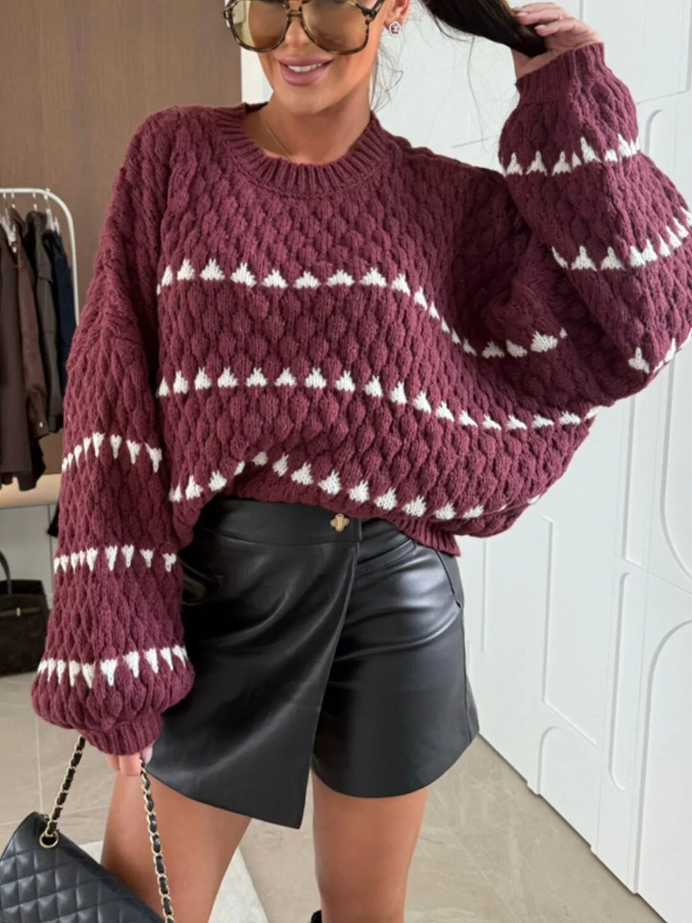 Chunky Knit Striped Sweater with Balloon Sleeves – Cozy Chic Style