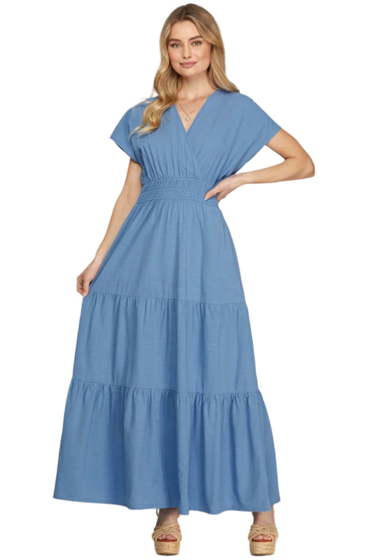 She + Sky Surplice Short Sleeve Tiered Maxi Dress With Pockets
