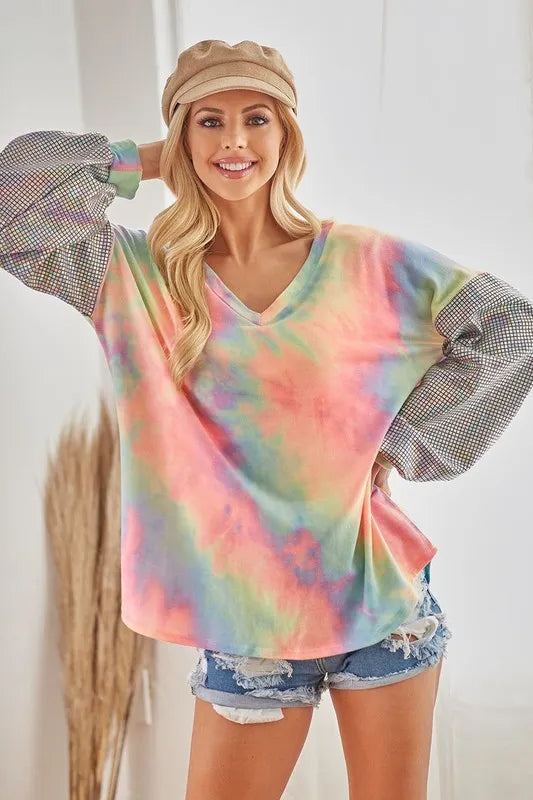 V-Neck Tie-Dye French Terry Top with Shimmer – Trendy & Cozy