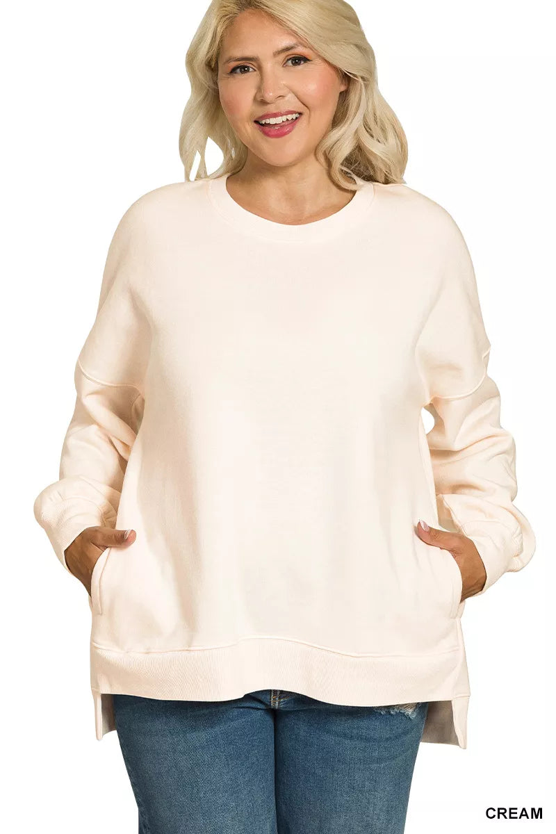Zenana Full Size Fleece Hi-Low Boyfriend Sweatshirt with Pockets