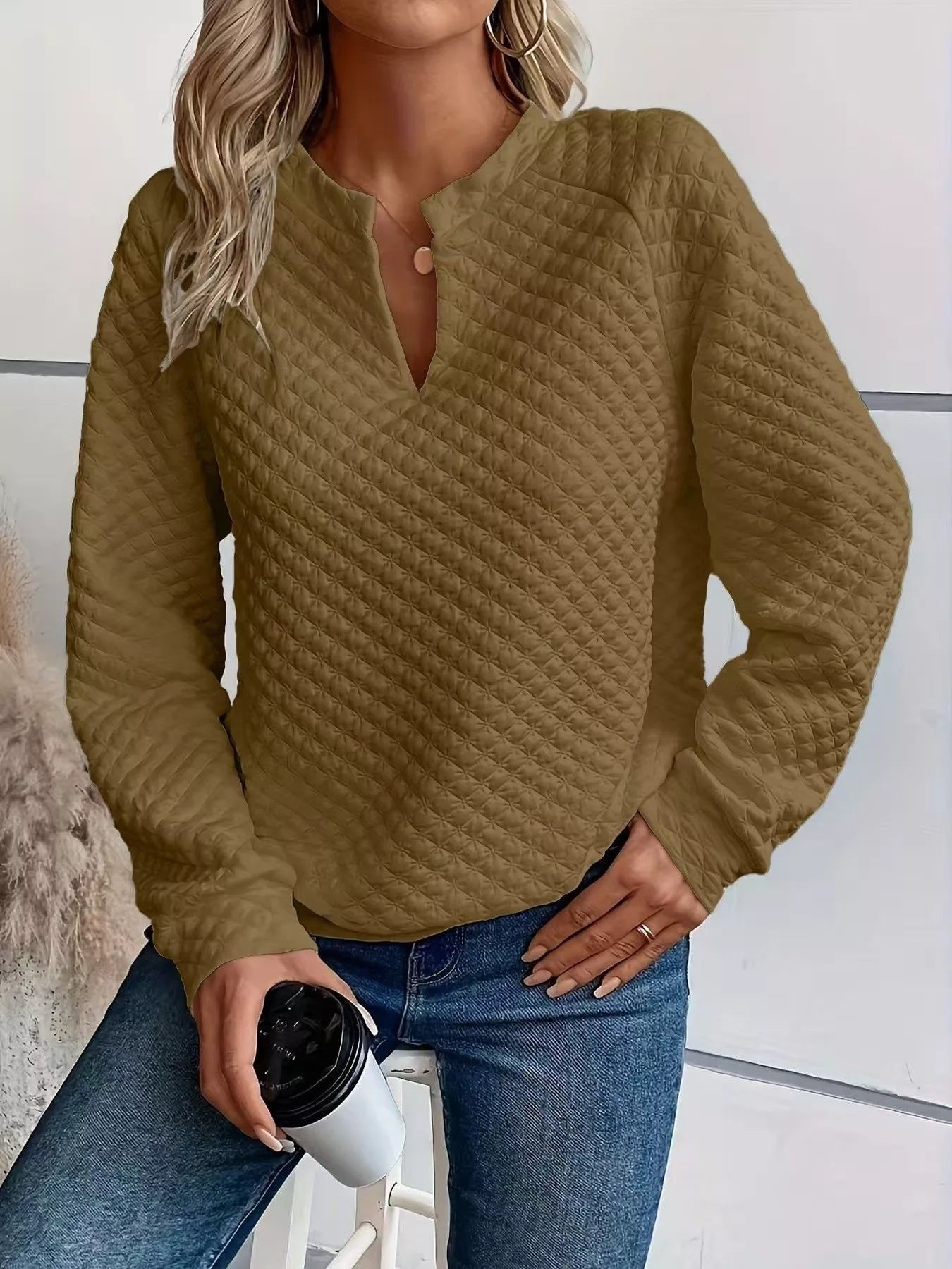 Notched Raglan Sleeve Sweatshirt – Casual Cozy Pullover