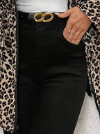 Leopard print hooded drawstring waist jacket with black zipper and heart belt buckle