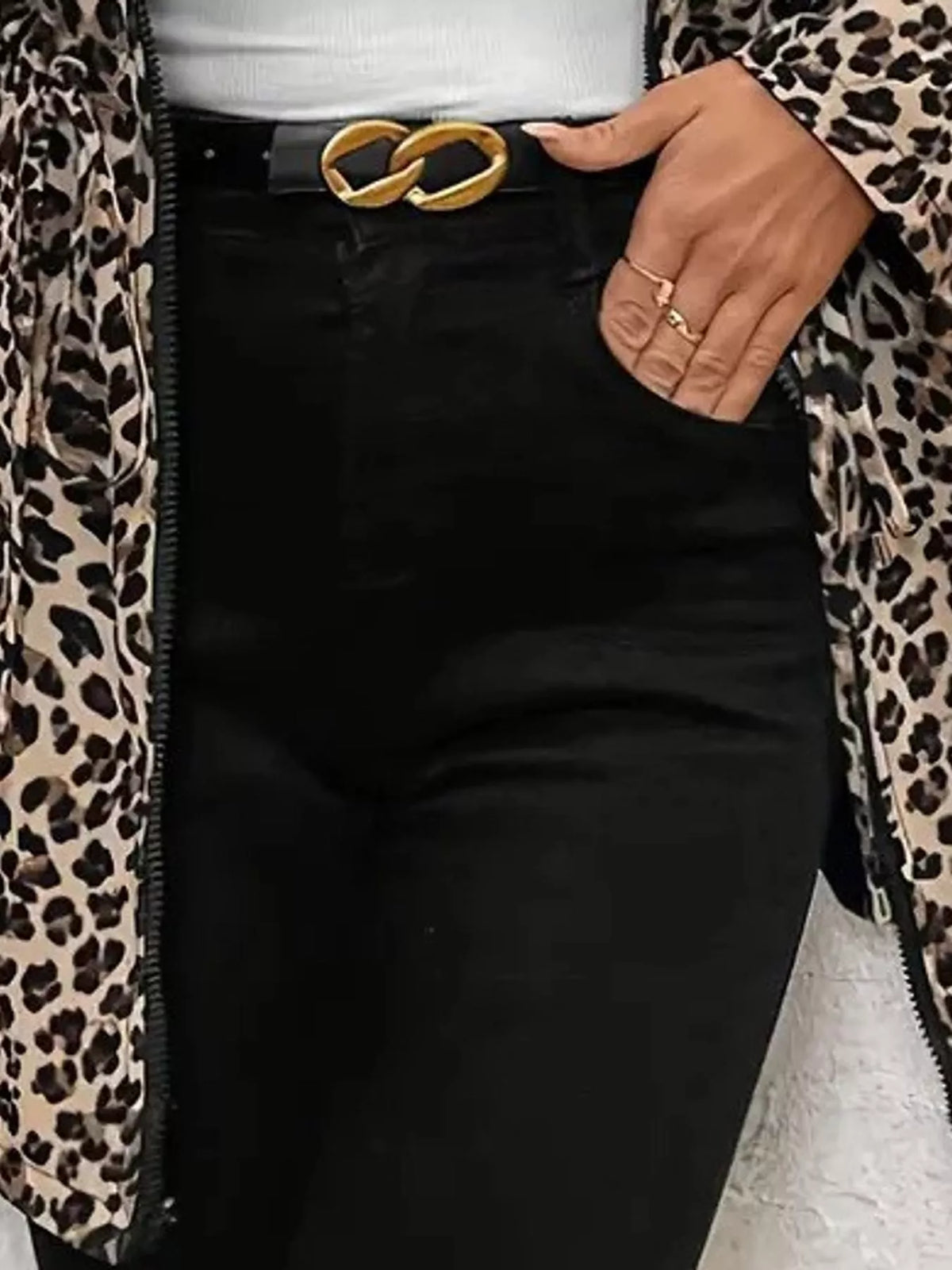 Leopard print hooded drawstring waist jacket with black zipper and heart belt buckle