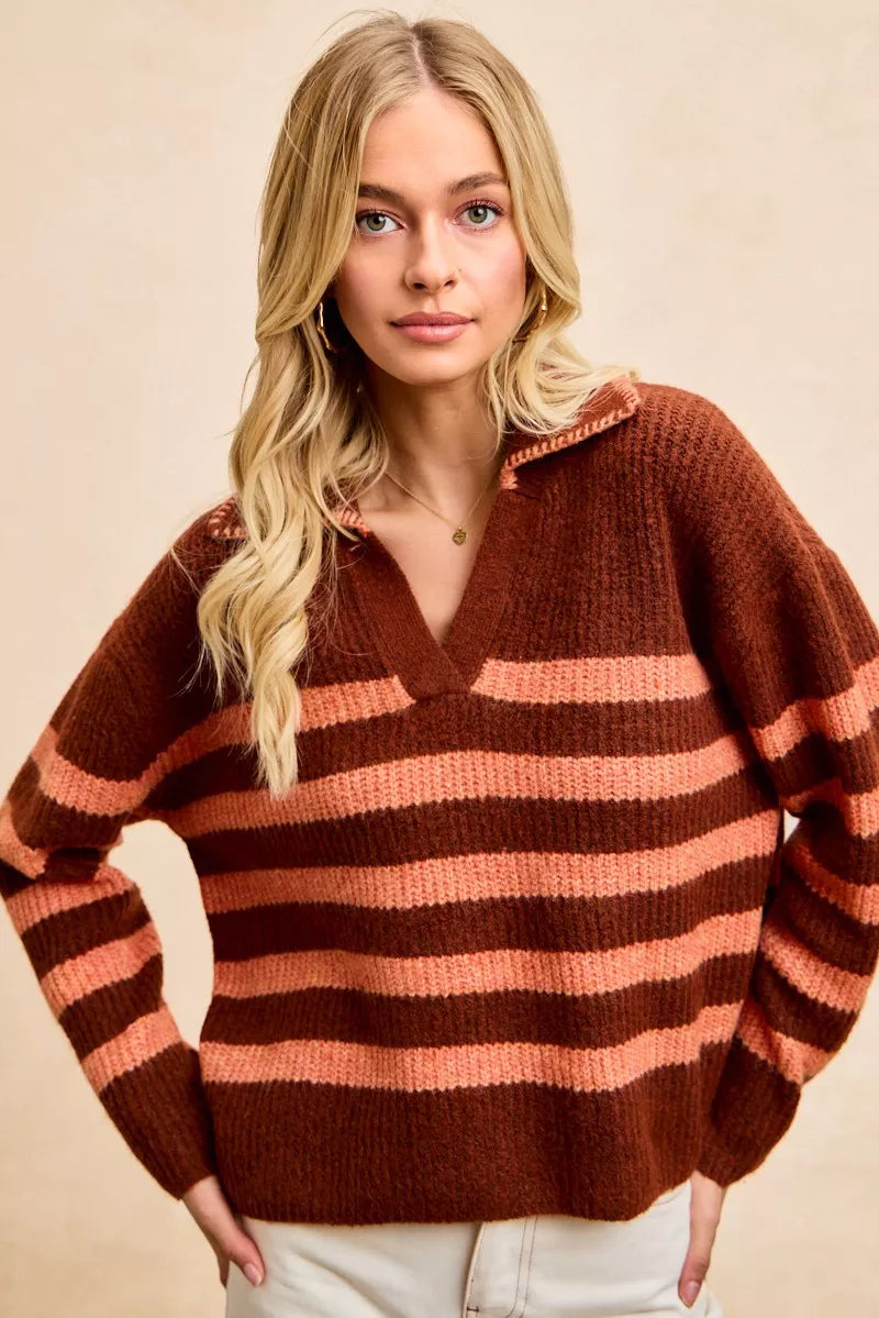 BiBi Striped Sweater Top – Trendy Collared Knit with Stitched Details