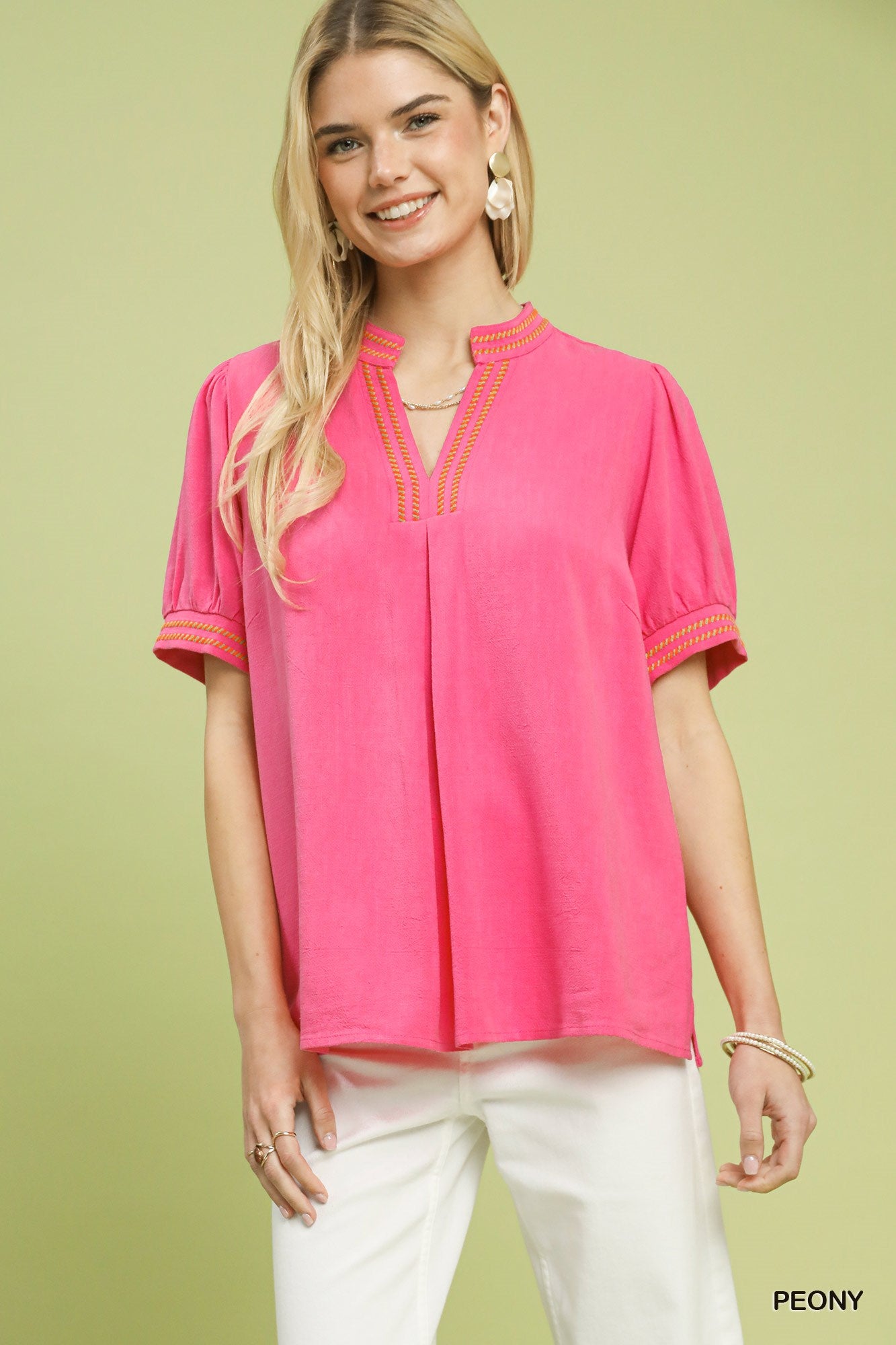 Embroidered linen puff-sleeve blouse, peony pink with V-neck placket detail
