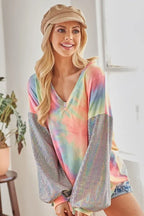 V-Neck Tie-Dye French Terry Top with Shimmer – Trendy & Cozy