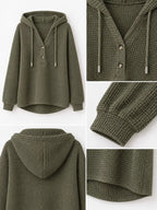Olive green waffle-knit hoodie with drawstring hood, button placket, and ribbed cuffs