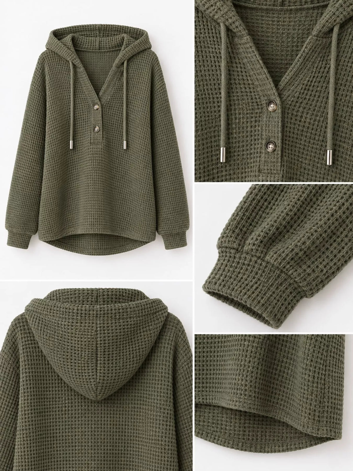 Olive green waffle-knit hoodie with drawstring hood, button placket, and ribbed cuffs