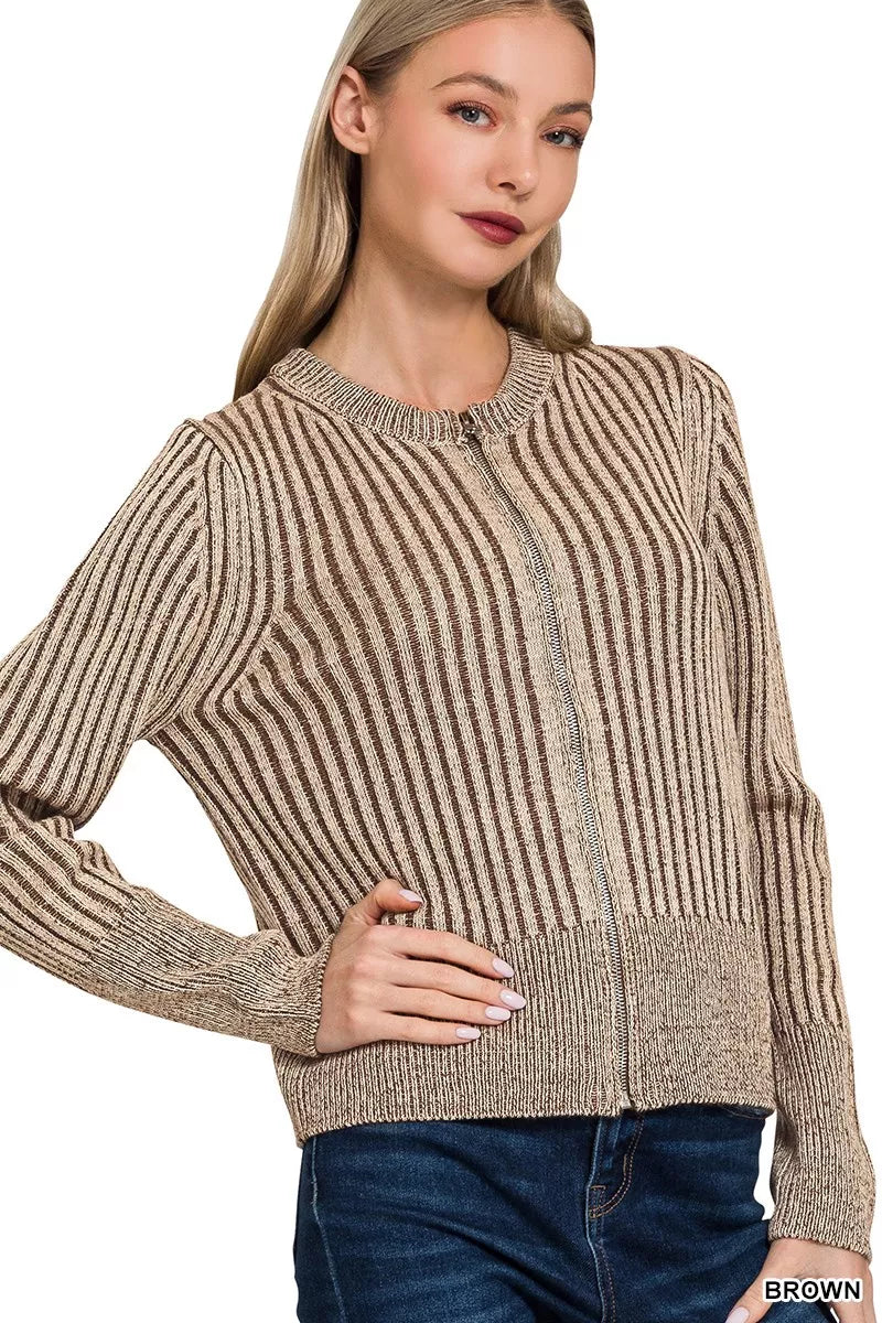 Zenana Ribbed Two Tone Zip Up Sweater – Chic Contrast Cardigan Style