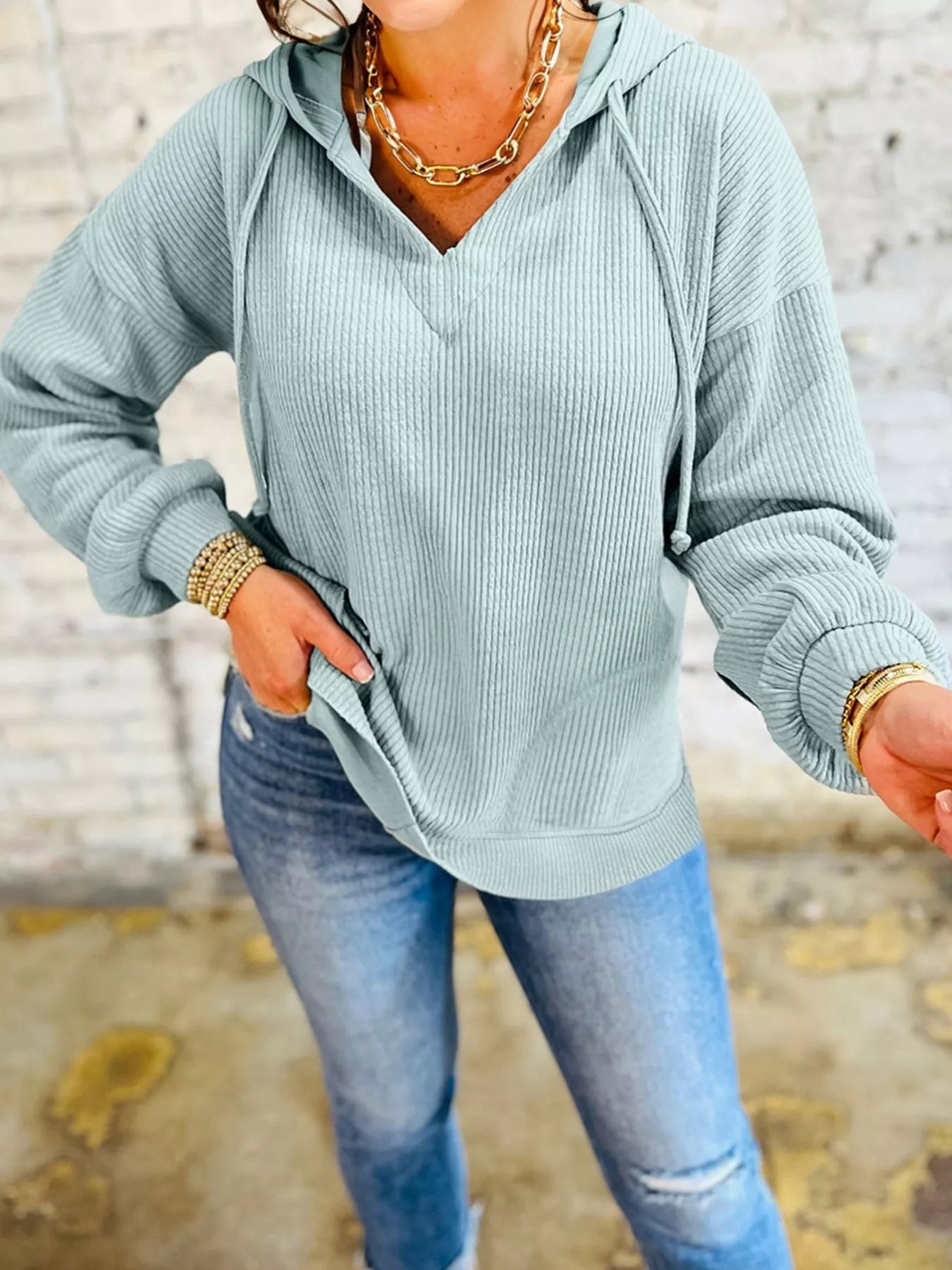 Ribbed Drop Shoulder Knit Hoodie – Cozy Casual Pullover